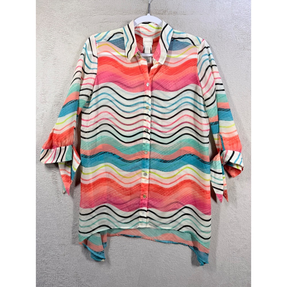 Chico's Tunic Blouse Women's S (0) Multi-Color Wavy Stripe Tie Sleeve Semi-Sheer